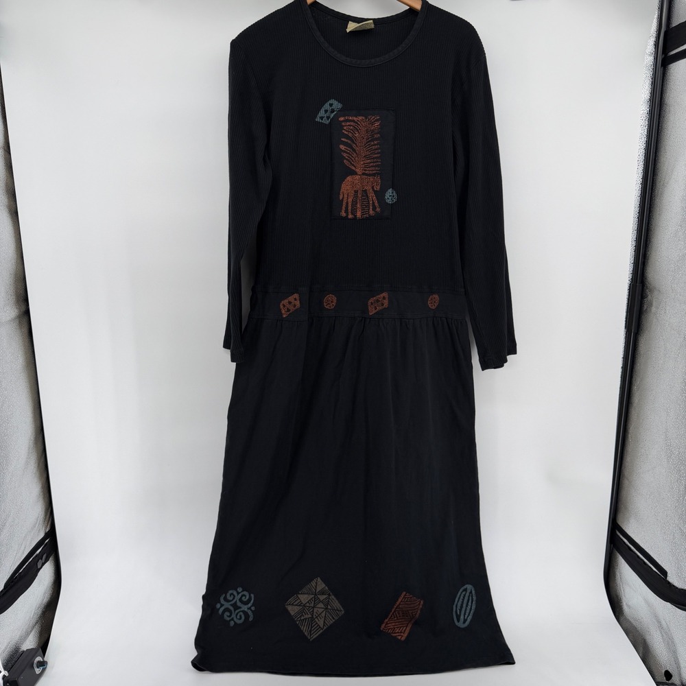 Blue Cactus Black Ribbed Long Sleeve Graphic Midi Dress Made in USA Medium VTG